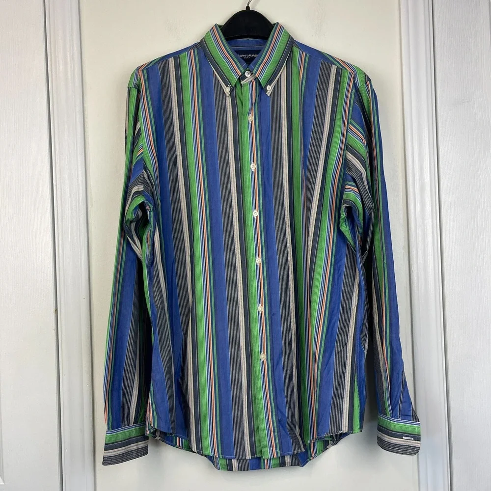 VTG Ralph Lauren Golf Polo Cotton Long Sleeve Button Down‎ Mens L Striped Blue